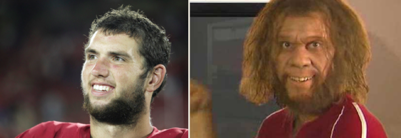 Former Stanfurd Quarterback Andrew Luck next to a caveman. They look the same.